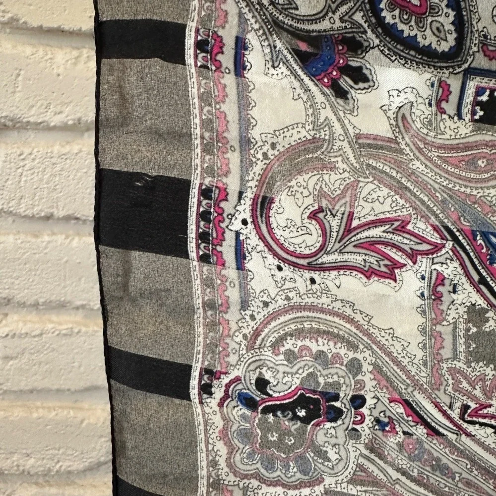 Paisley Square Scarf Black Grey Pink Striped Chiffon Large 33in Accessory